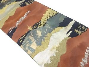 リサイクル　服部織物製　こはく錦　遠山に寺院風景模様織り出し袋帯